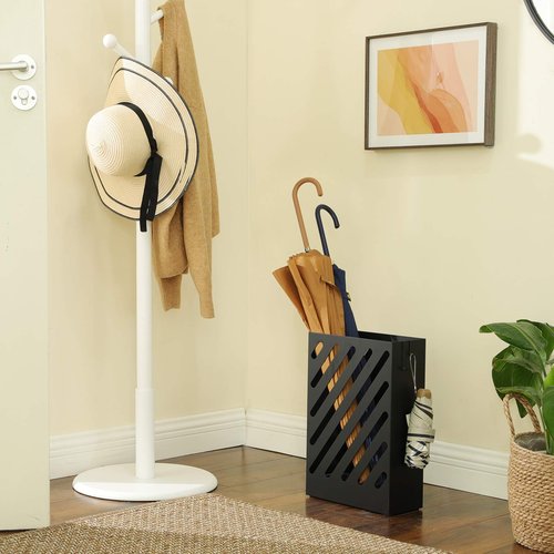 SONGMICS Metal Umbrella Stand, Rectangular Umbrella Holder Rack, with a Removable Drip Tray, 4 Hooks, Hollow-Out Design, for Entryway, Office, Black ULUC03BK