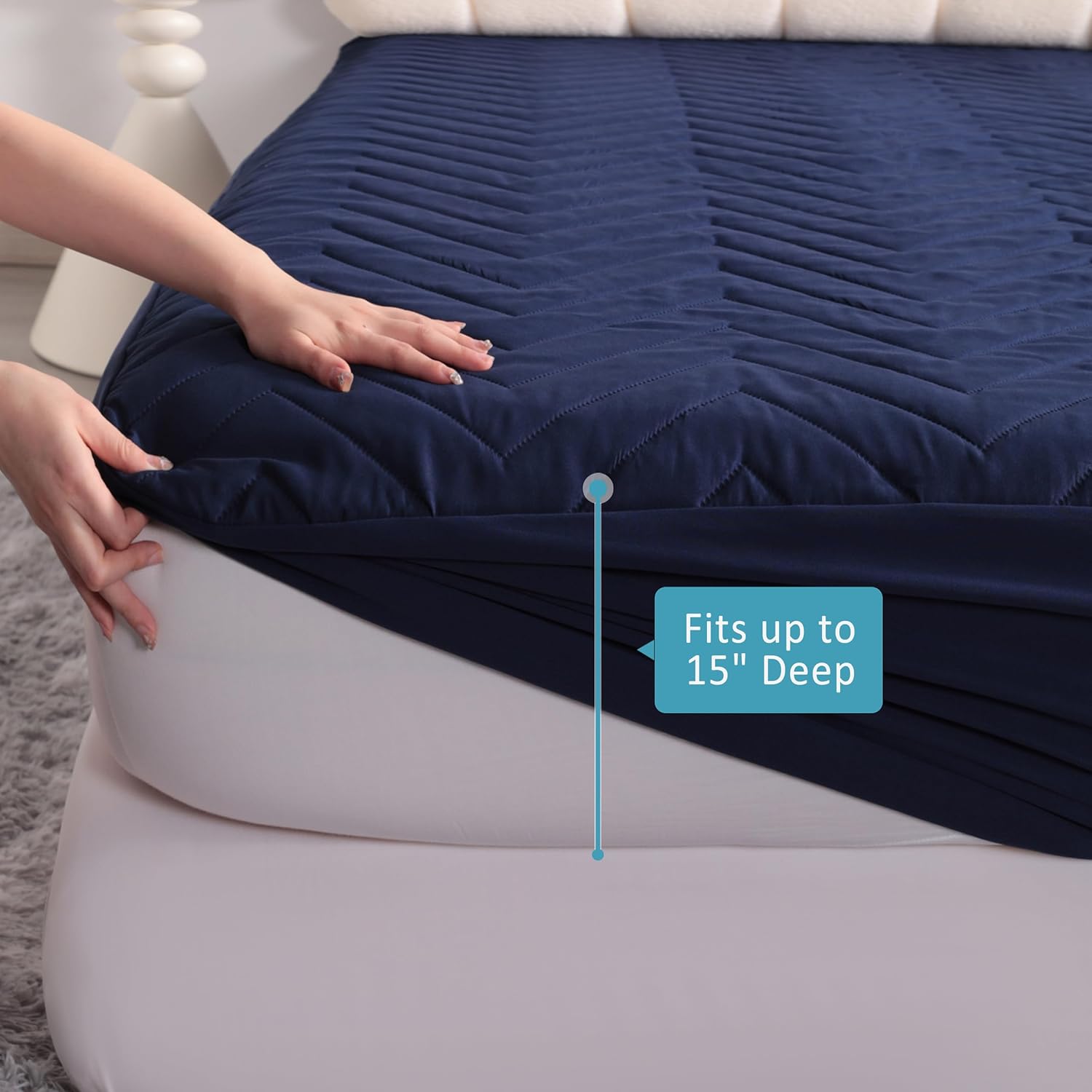 NTBAY Waterproof Mattress Protector - Quilted Twin Fitted Cover with 15" Deep Pocket | Soft, Breathable, Navy Blue