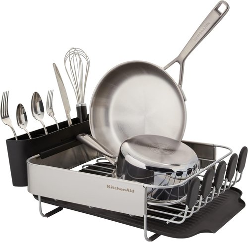 KitchenAid Dish Rack - Compact, Rust Resistant Design with Removable Caddy & Self-Draining Drainboard | 16.06-Inch, Black