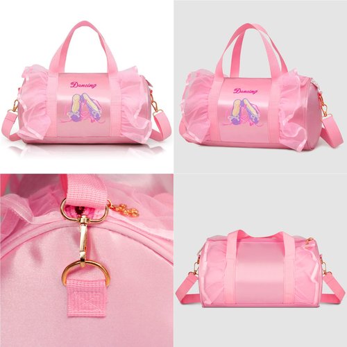 KingBig Embroidered Ballet Shoe Dance Bag, Personalized Waterproof Bag for Girls with Keychain and Pink Plush Ball Pink