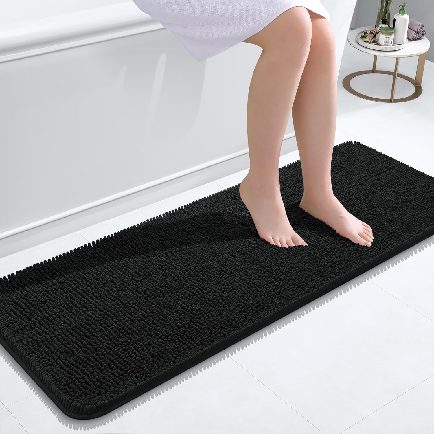 OLANLY Bathroom Runner Rugs - Extra Soft Chenille Bath Mat, Quick Dry & Machine Washable | 47x17 Inches, Black
