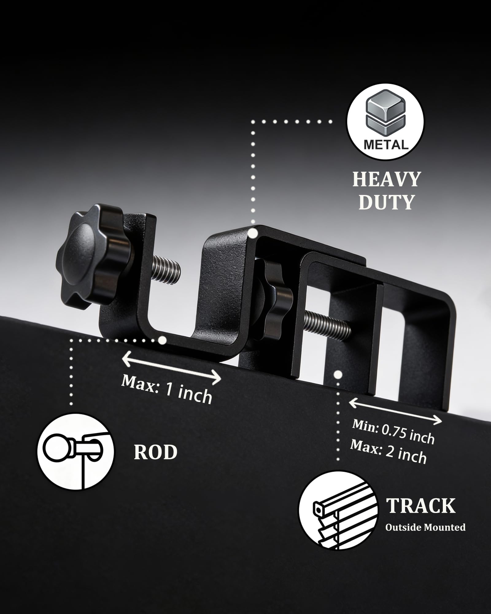 Over Blinds Curtain Rod Brackets for Outside Mounted, No-Drill Blinds Curtain Rod Holders for 1.3-2" Rectangular Headrails, Tool-Free & No Wall Damage, Apartment & Renter Friendly (Set of 3, Black)