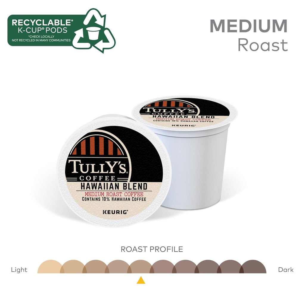 Tully's Coffee Hawaiian Blend K-Cup Pods - Medium Roast, 72 Count | Perfect for Keurig Brewers