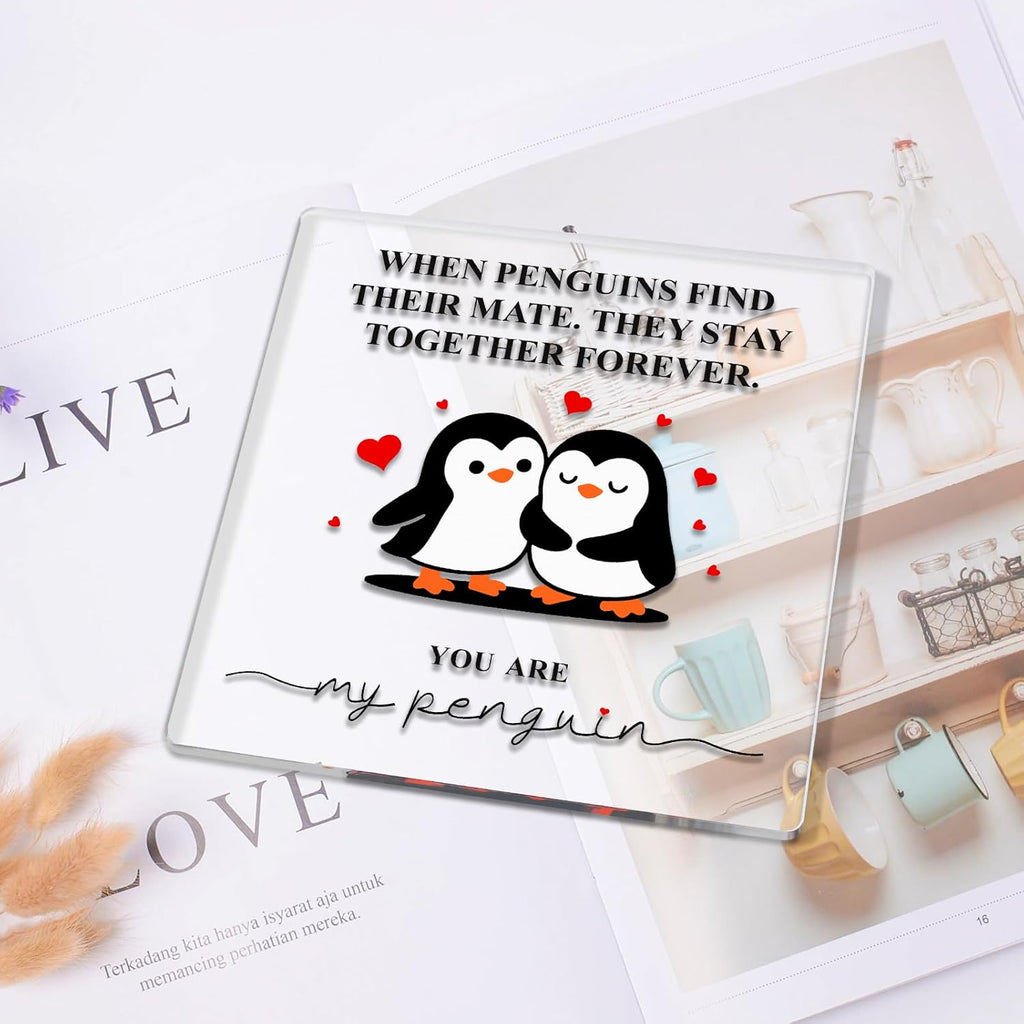 Romantic Penguin Acrylic Plaque - 5.9x5.9 Inch Clear Decor for Home & Office | Perfect Gift for Couples