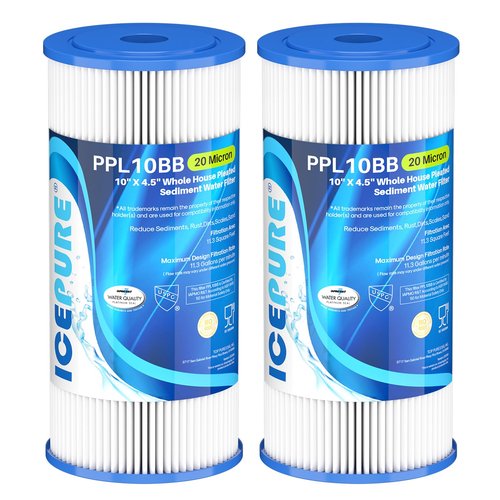 ICEPURE 20 Micron 10" x 4.5" Whole House Extra Coarse Pleated Sediment Filter for Well Water, Replacement Cartridge for GE FXHSC, DuPont WFHDC3001, R50-BB, Culligan R50-BBSA, W50PEHD, 2Pack