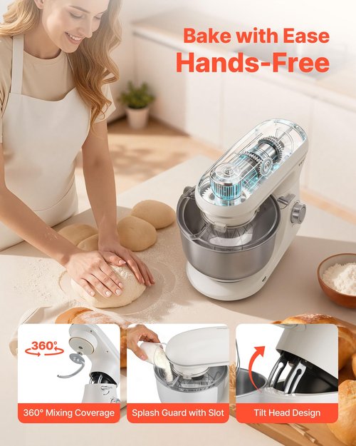 VEVOR Stand Mixer, 6 QT Dough Mixer, 660W 6 + P Speeds Tilt-head Food Mixer with Stainless Steel Bowl, Dough Hook, Wire Whip, Flat Beater, Scraper, Household Stand Mixer for Baking & Mixing, White