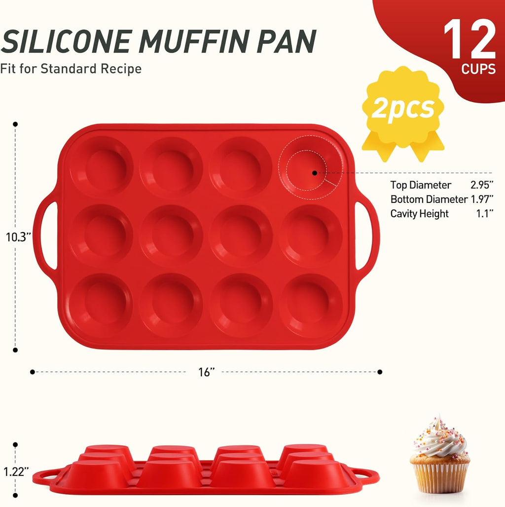 Skiennix Silicone Muffin Pan Set - 12 Cups with Metal Reinforced Frame | Oven & Dishwasher Safe