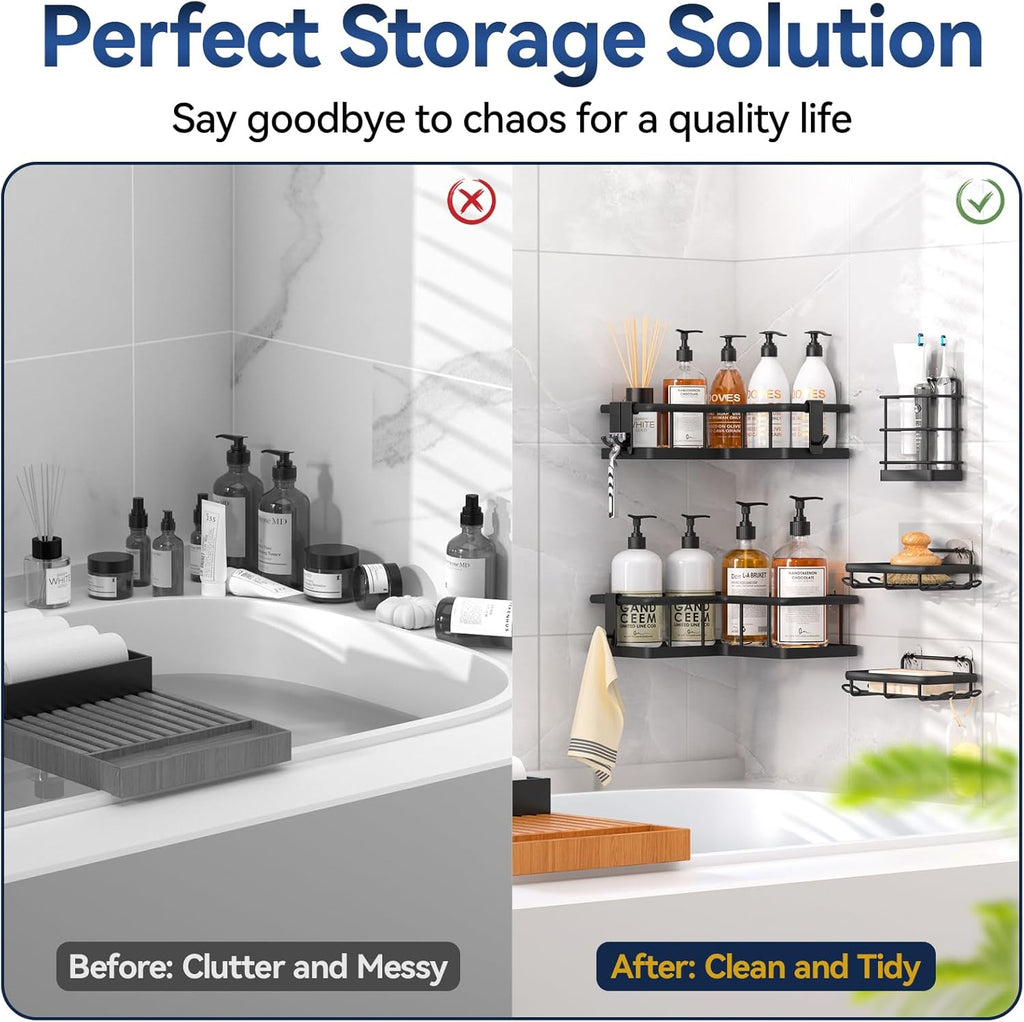 YASONIC Corner Shower Caddy - 5-Pack Rustproof Stainless Steel Organizer with Soap Holder | No-Drill Black Shelves