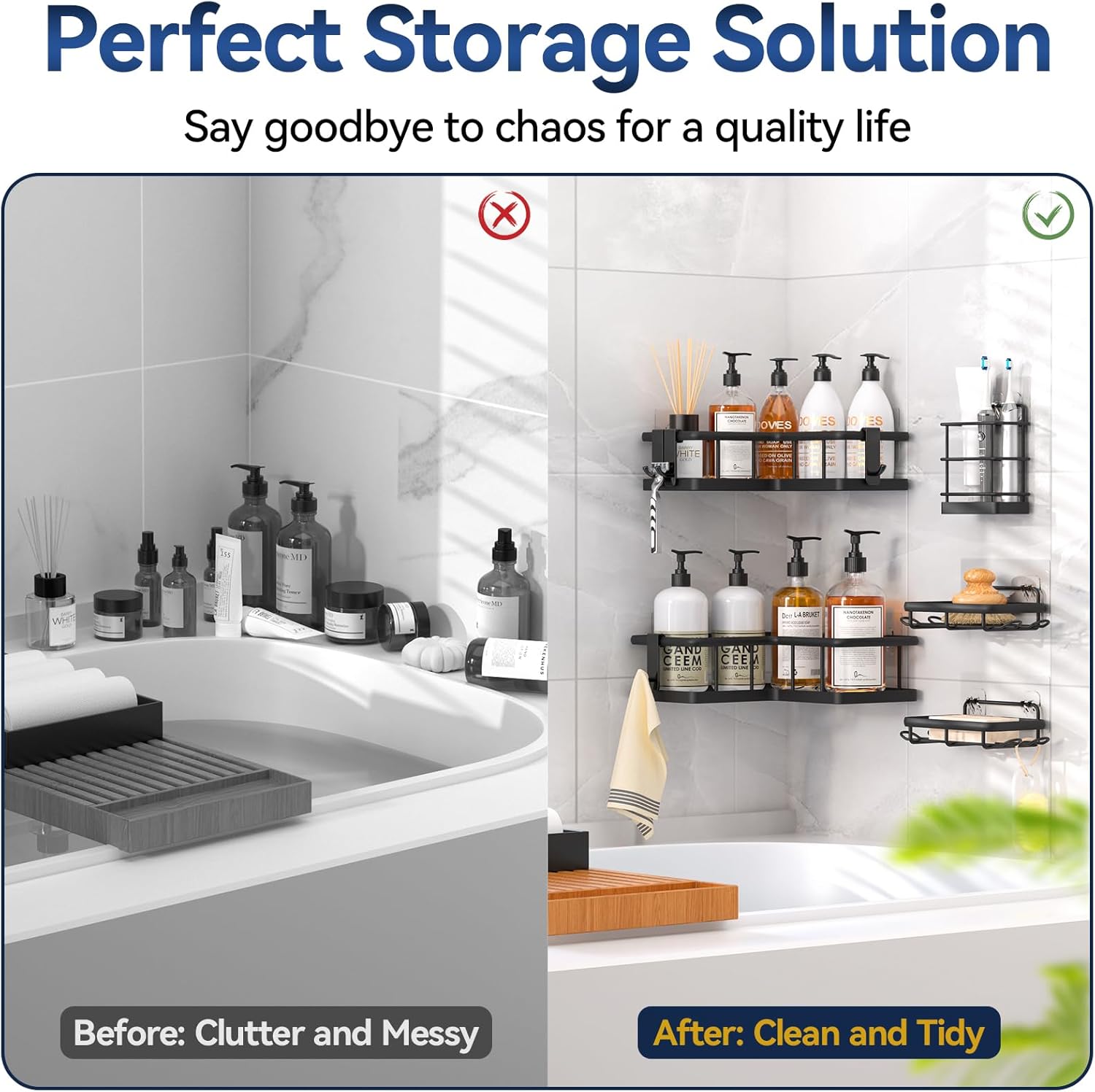 YASONIC Corner Shower Caddy - 5-Pack Rustproof Stainless Steel Organizer with Soap Holder | No-Drill Black Shelves