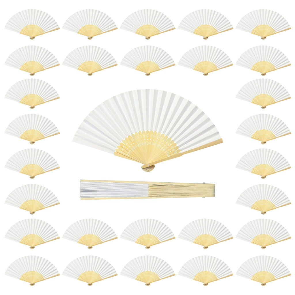 Coucoland 100 Pcs White Bamboo Folding Handheld Fan Hand Fan for Wedding Home Decoration Party Favors Bridal Dancing Party