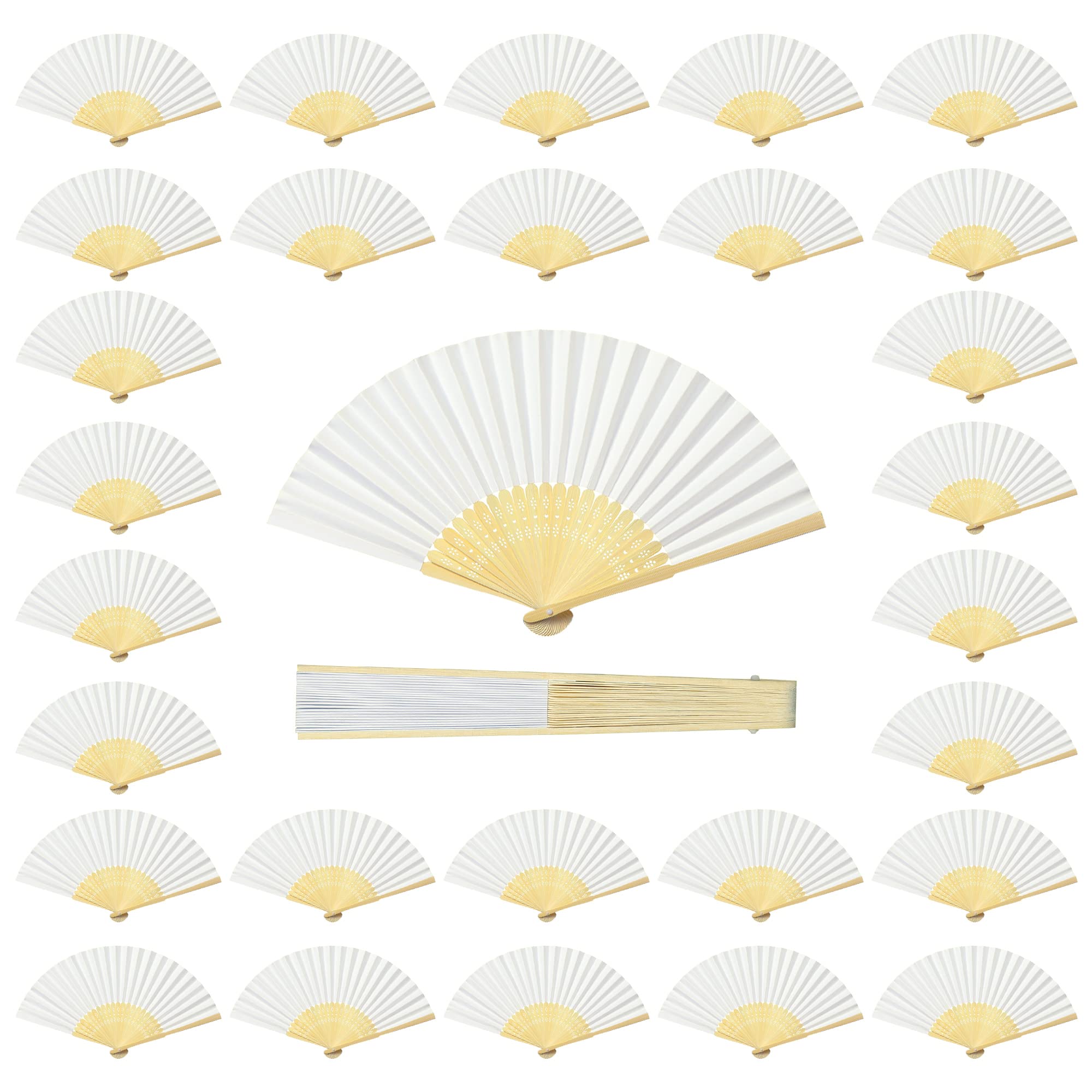 Coucoland 100 Pcs White Bamboo Folding Handheld Fan Hand Fan for Wedding Home Decoration Party Favors Bridal Dancing Party