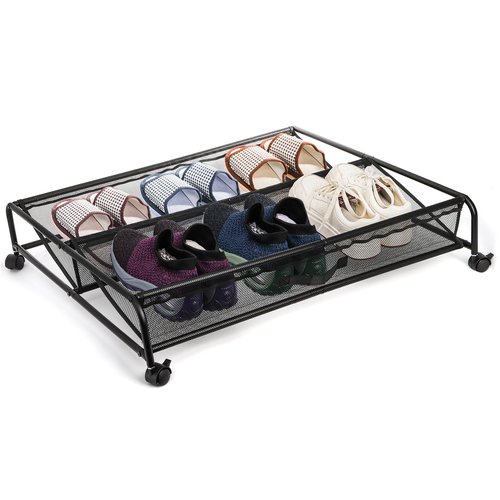 Goaste Under Bed Shoe Storage Organizer with Wheels, Rolling Underbed Storage Containers, Metal Shoe Rack Drawer Space Saving for Bedroom Organization, Shoes, Toys (Black)