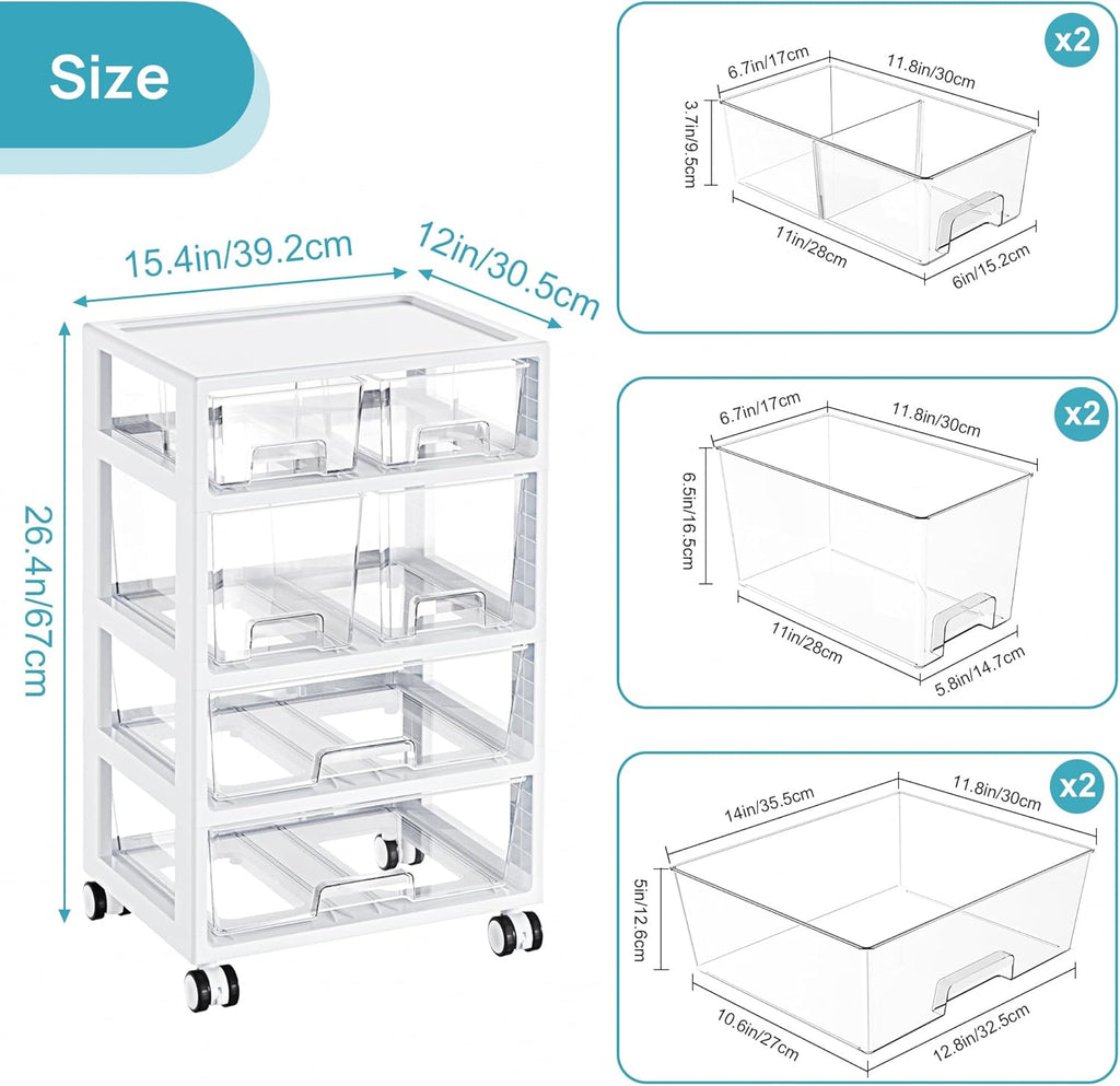 Vtopmart Plastic Drawer Organizer - 4-Tier, 6 Drawers with Wheels for Office & Craft Storage | Clear