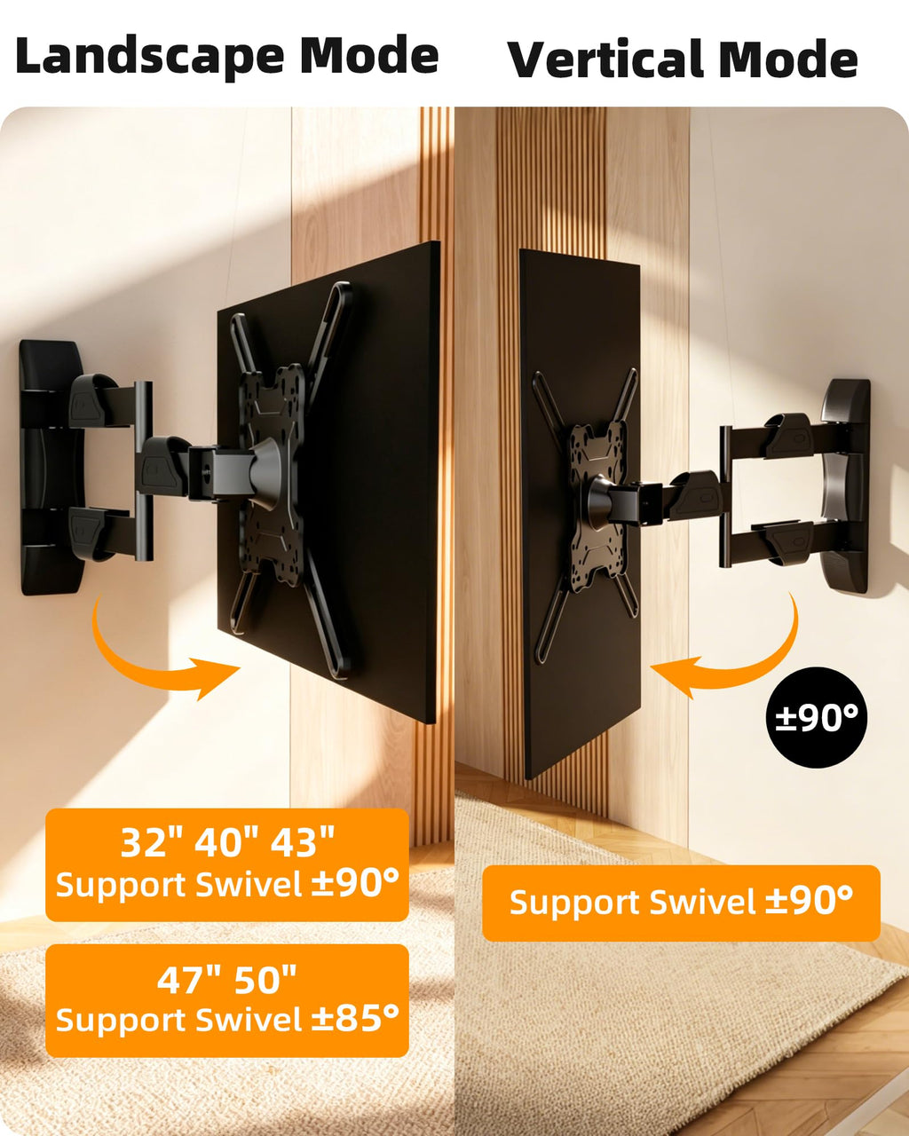 HILLPORT Vertical Swivel TV Wall Mount for Most 32-50 inch, Long Arm Rotate to Portrait TV Corner Bracket, Support Full Motion 360 Degree, Max VESA 400x400mm Up to 57lbs DY3255