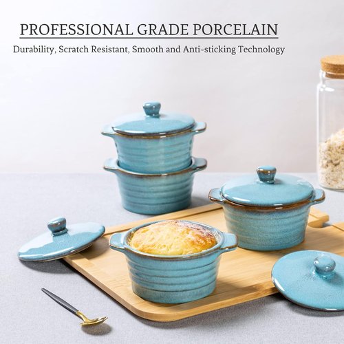 Creme Brulee Ramekins Set of 4 - 8 oz Oven Safe Bowls with Lids for Souffle & Pot Pie Baking | Reactive Blue