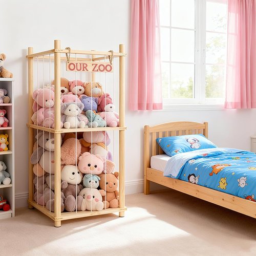 Natural Pine Wood Stuffed Animal Storage by [Brand Name] - Tall Plushie Playhouse with Elastic Cords for Kids' Rooms