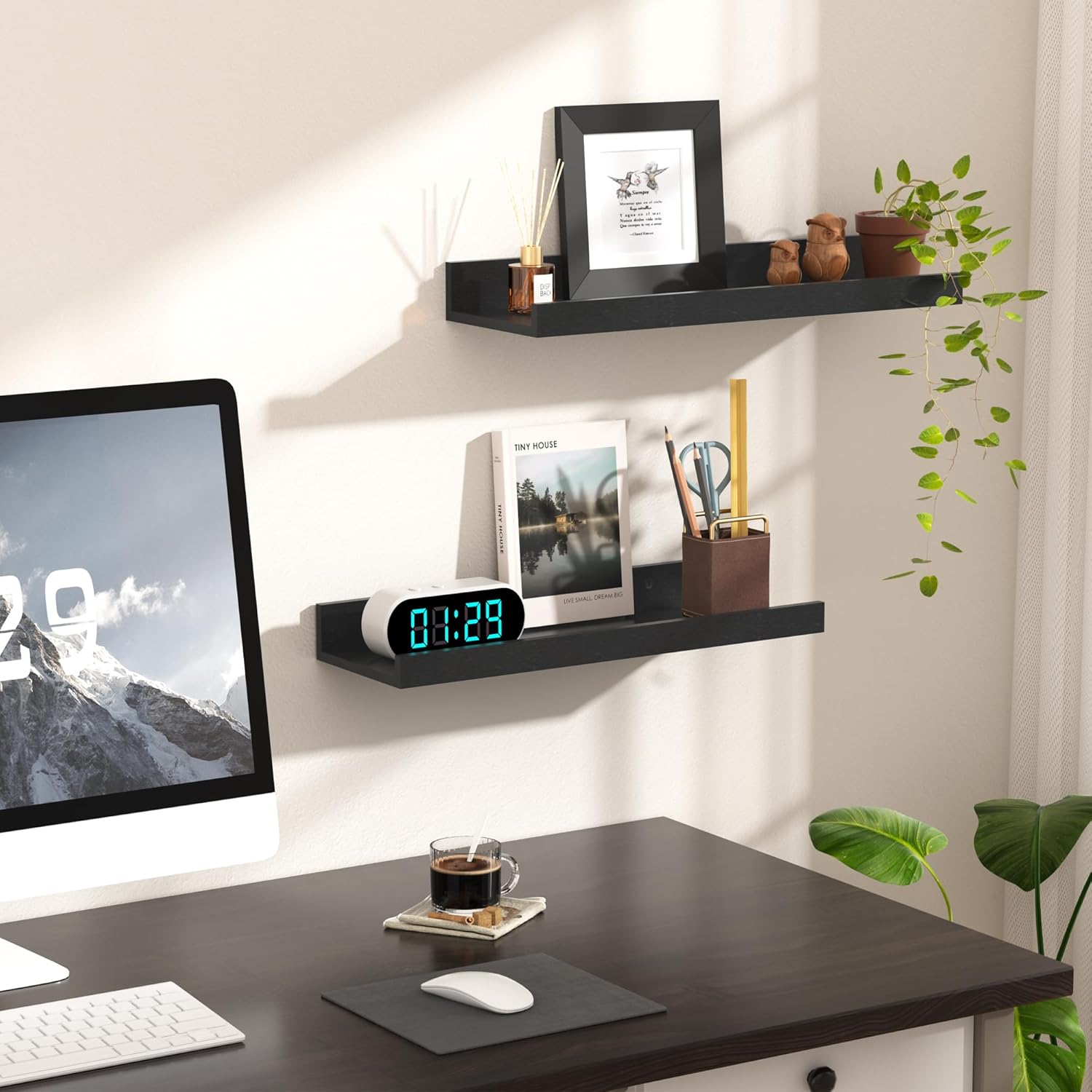 Upsimples Floating Wall Shelves - Set of 6 Decorative Wood Shelves for Bedroom, Living Room, Kitchen | Black