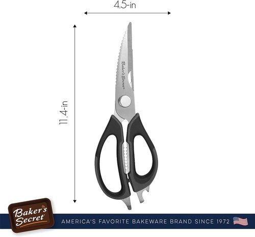Baker's Secret Kitchen Scissors - 8.5" Stainless Steel Shears with Nut Cracker & Bottle Opener - Black Handle