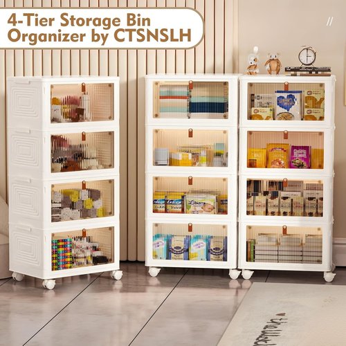 CTSNSLH 4-Tier Plastic Storage Bins - Stackable, Foldable Organizers with Lids for Home & Office
