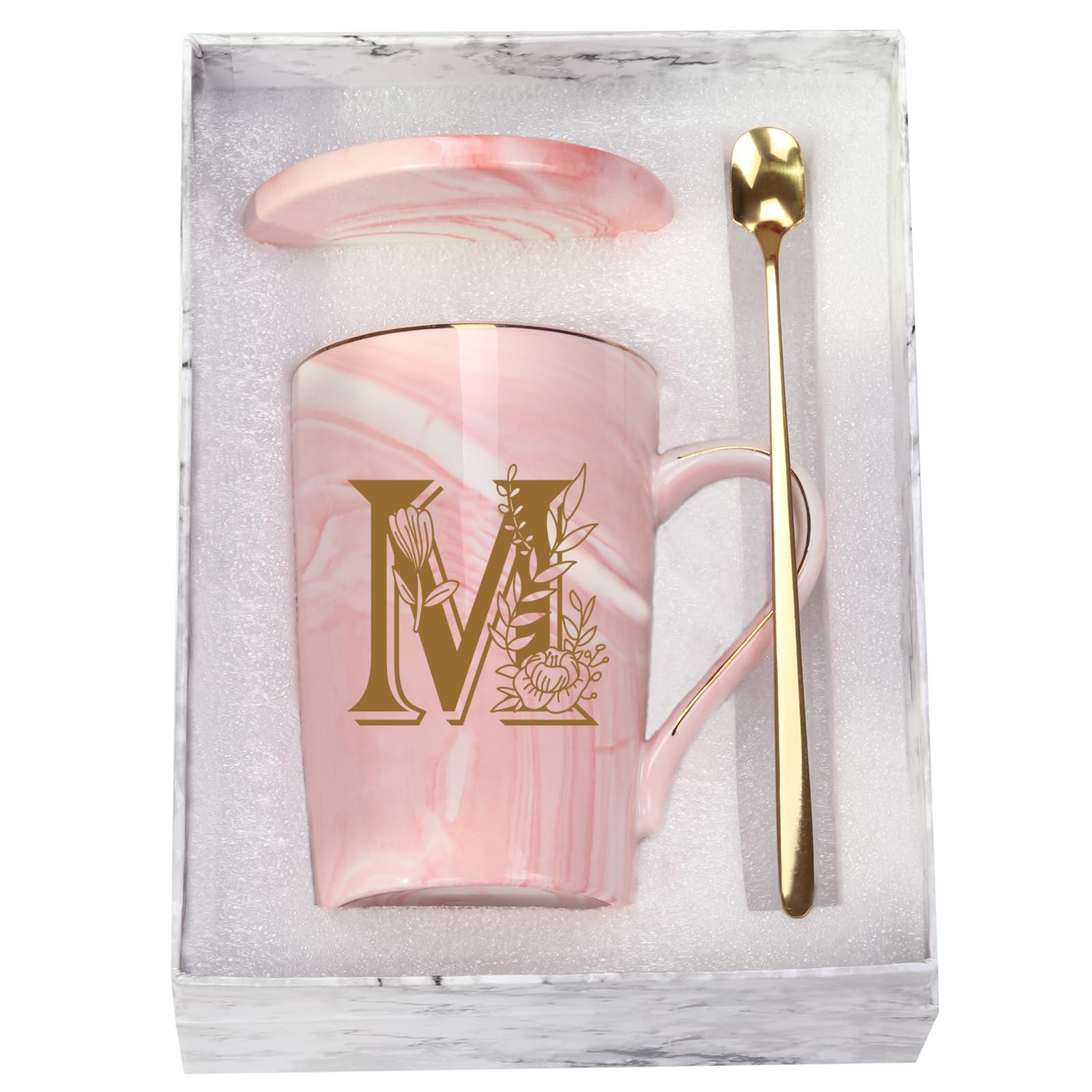 WENSSY Pink 14 Ounce Letter M with Flower Personalized Initial Mugs, Novelty Coffee Mugs for Women, Bridal Shower Gifts, Dishwasher Safe Porcelain Mug