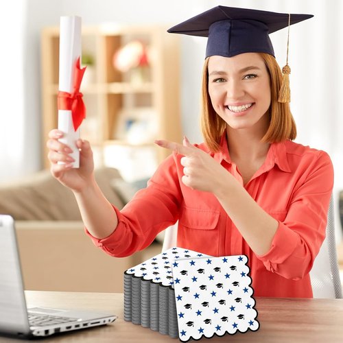 FYSUIMU Graduation Cap Paper Napkins - 100 Pcs Scalloped Disposable Dinner Napkins | Black & Blue Design for Graduation Parties