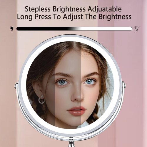 Makeup Mirror with Lights ，8 Inch 1X/10X Rechargeable Double Sided Magnifying, 360° Rotation LED HD Mirror with 3 Colors，Brightness Adjustable, Gifts for Wowen & Men