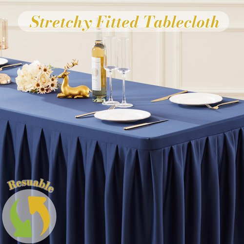 2 Pack Navy Blue Rectangle Tablecloth 8 FT Stretch Spandex Fitted Table Cloth for 8 Foot Rectangle Tables Banquet Tablecloths Wrinkle Free Table Cover Skirt Stitch Ruffle Tablecloth for Party Wedding