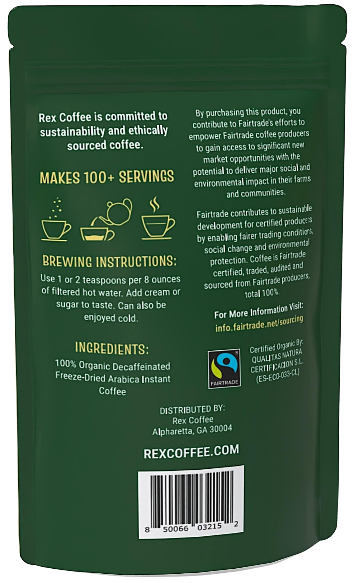 Rex Coffee Organic Fairtrade Natural Decaf Freeze-Dried Instant Coffee – Naturally Decaffeinated Arabica, 7.05 oz (Pack of 2) Resealable – Lab Tested for Mold, Mycotoxins, Heavy Metals, & Acrylamide