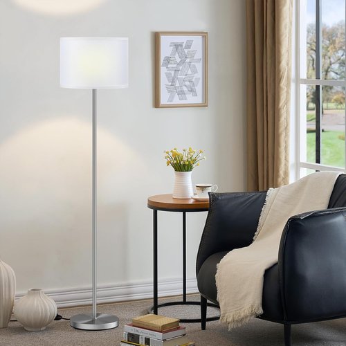 Ambimall 60'' Modern Floor Lamp - Stylish White Shade with Silver Pole for Living Room & Bedroom