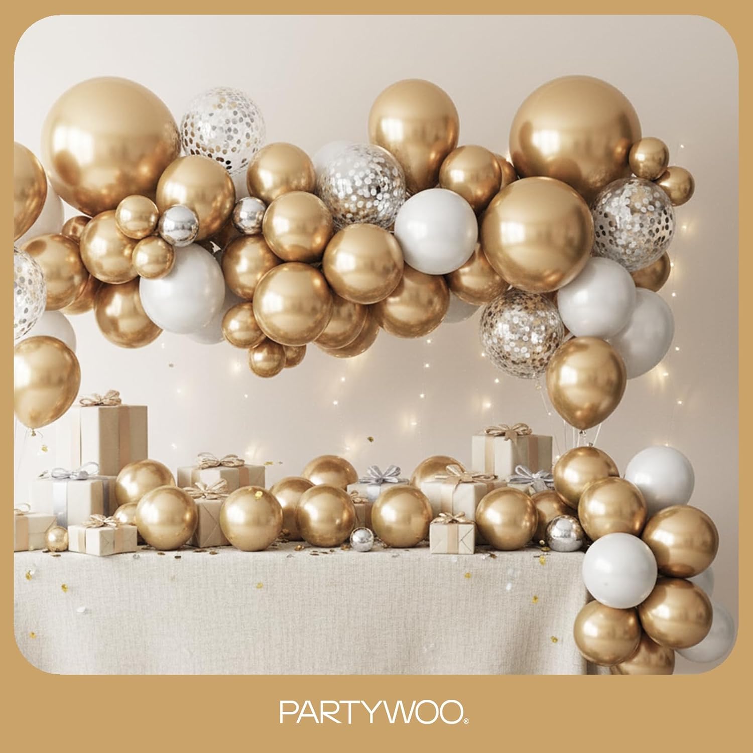 PartyWoo Metallic Gold Balloon Arch Kit - 145pcs in 5-18 Inch Sizes for Birthday, Graduation & Wedding Decor