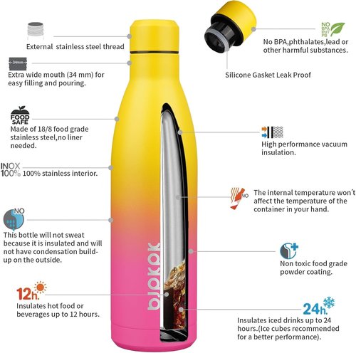 BJPKPK 25oz Insulated Water Bottle - Double Wall Vacuum Stainless Steel for Hot & Cold Drinks | Rainbow