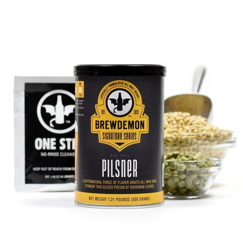 BrewDemon Premium Beer Kit Bonus with Bottles - Conical Fermenter Eliminates Sediment and Makes Great Tasting Home Made Beer - 1 Gal. Pilsner, Stout, and IPA Recipes