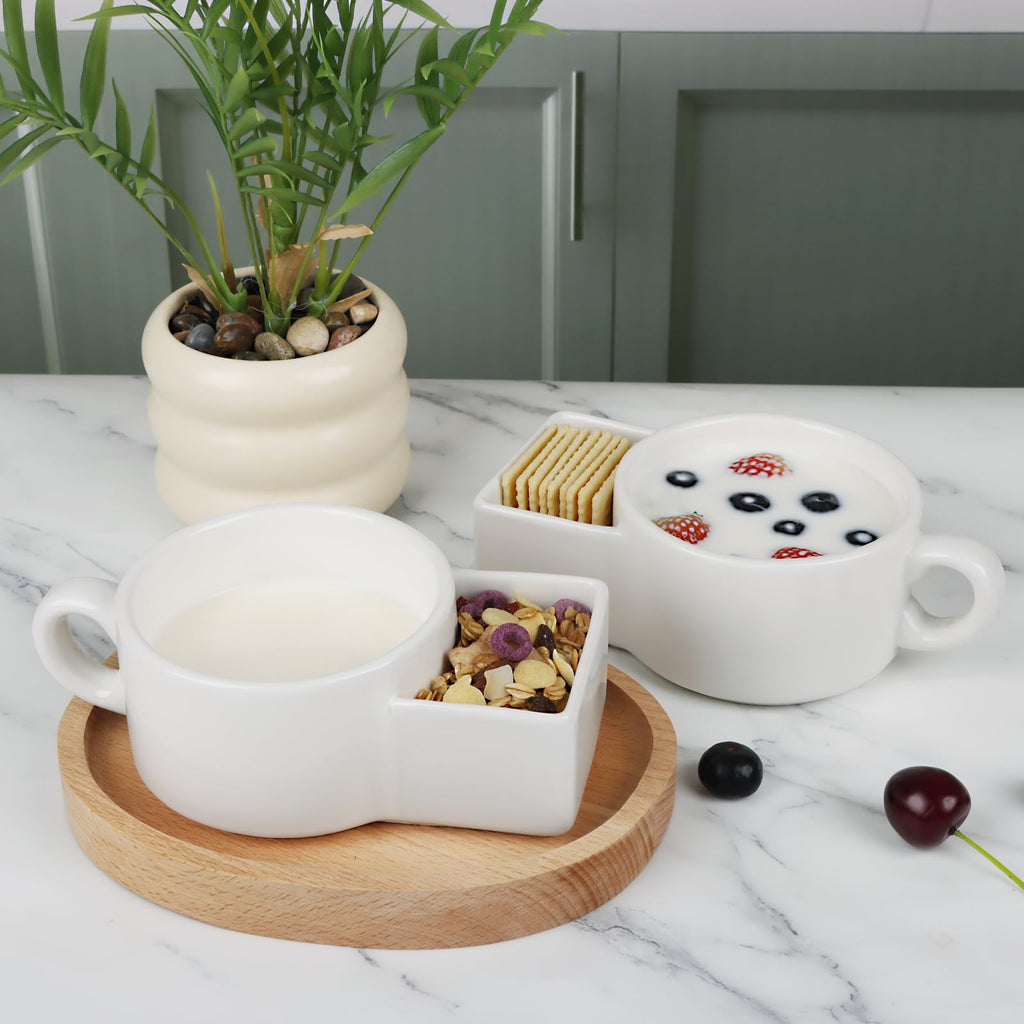 KAYCROWN 2 Pack Ceramic Soup and Cracker Mug or Cereal Bowl, Anti-Soggy Cereal Bowl, Microwave Safe, Soup and Side/Cracker Bowls Sets for Breakfast, Chip, Veggies, Dip Bowls for Parties