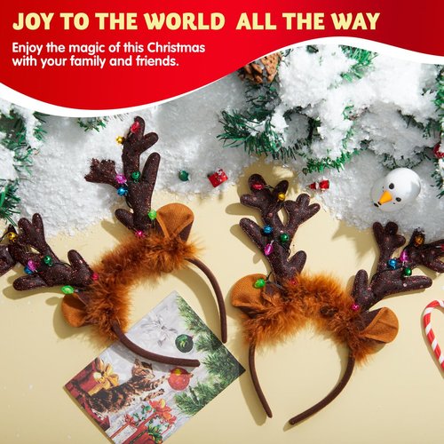 JOYIN Christmas 4PCS Reindeer Headband, Light-Up LED Antlers Reindeer Hat Holiday Headbands for Christmas Party Supplies and Holiday Parties Favors (ONE SIZE FITS ALL)