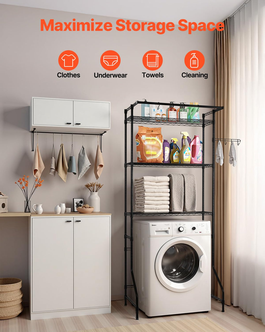 VEVOR Over The Washer and Dryer Storage Shelf, 3 Tier Laundry Room Drying Rack with Hanger Rod and Hooks, Adjustable Over Washer and Dryer Shelves, Laundry Room Shelf Storage Space Saver, Black