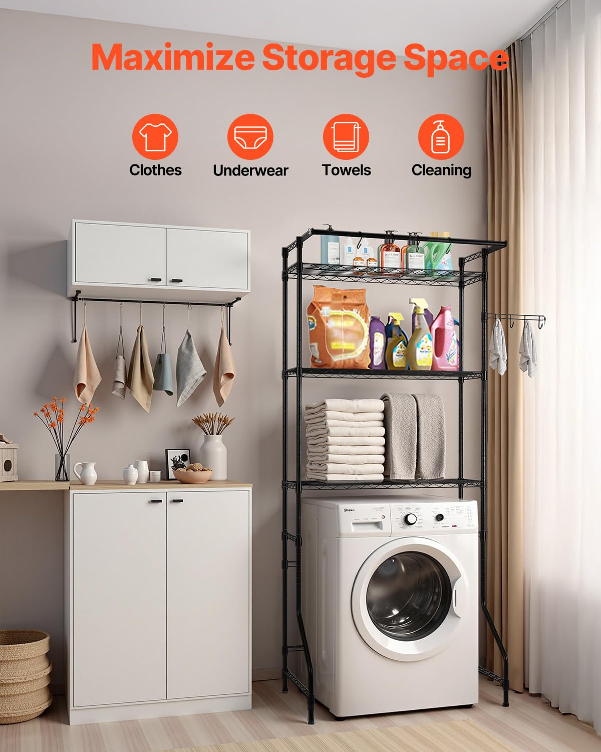 VEVOR Over The Washer and Dryer Storage Shelf, 3 Tier Laundry Room Drying Rack with Hanger Rod and Hooks, Adjustable Over Washer and Dryer Shelves, Laundry Room Shelf Storage Space Saver, Black