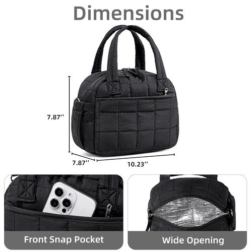 LEDAOU Insulated Lunch Box for Women Black Adult Girls Lunch Bag Quilted Puffer Lunchbox with Adjustable Strap Reusable Lunch Bags for Work School Picnic Travel