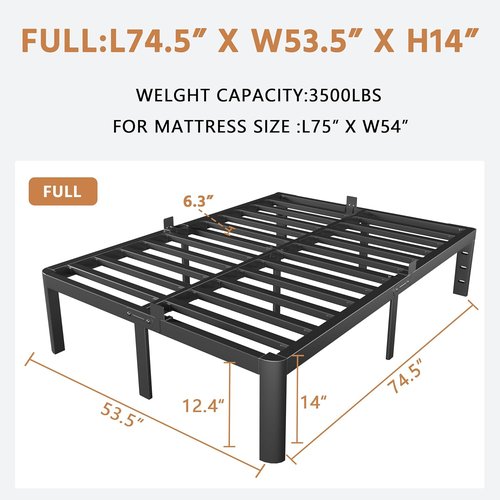 Full Bed Frame by [Brand Name] - Heavy Duty 14-Inch Metal Design with No Box Spring Needed | Noiseless & Easy Assembly