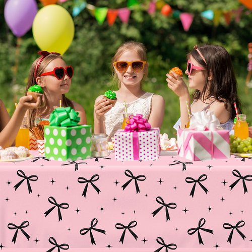 Guzbewu 3Pcs Pink Bow Tablecloth,Black Bow Table Decor,Coquette Birthday Decorations Black,Disposable Waterproof Party Supplies for Girls Baby Shower,Bridal Shower,Bachelorette Party