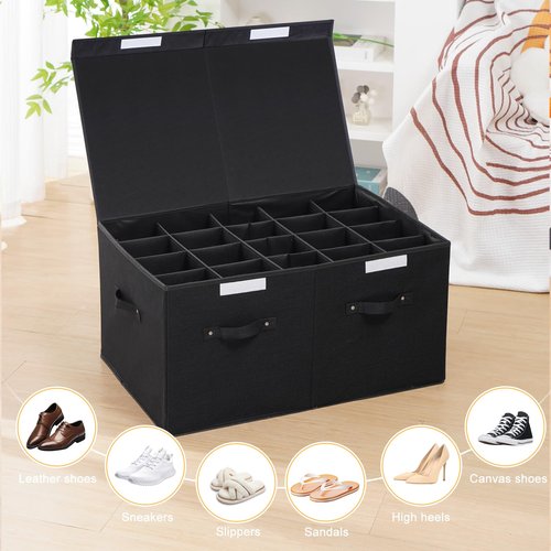 FBBABB Large Shoe Organizer for Closet Fits 20 Pairs, Shoe Storage Box Bins Containers with Lid and Adjustable Dividers for Shoes, Sneakers and High Heeled, Hard Shell and Stackable （Black）