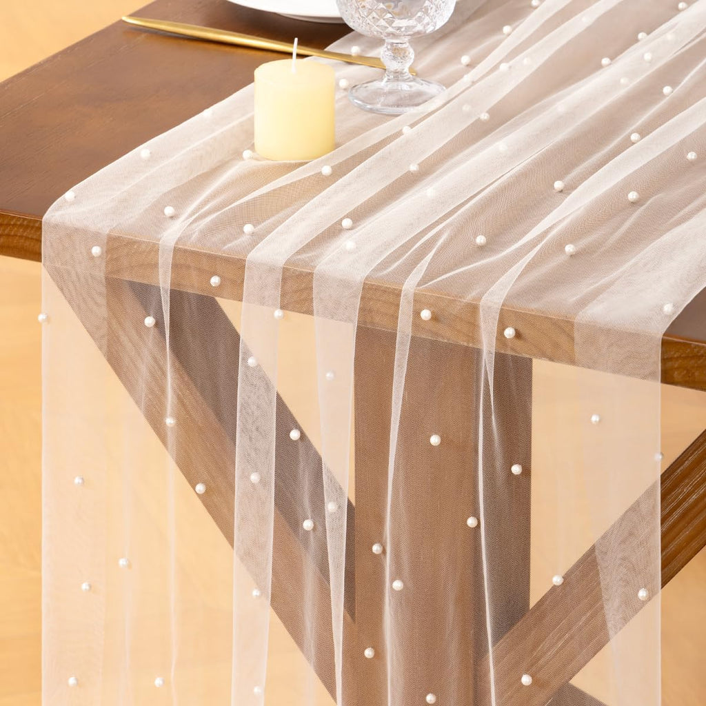 Socomi Pearl Table Runner - Elegant Tulle Design for Spring & Easter | 10FT Ivory White Decor
