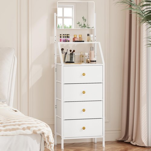 HIGDBFE 4-Drawer Dresser with Mirror, Fabric Storage with 2-Tier Shelves, Freestanding Chest Organizer Unit, Tall Chest of Drawers with Steel Frame Wood Top for Bedroom, Hallway, White, 15.3" W