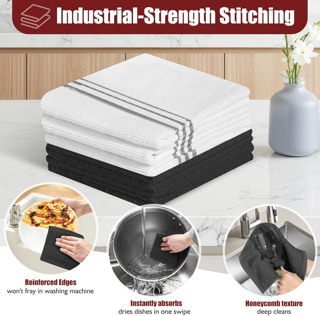 Skiennix Oven Mitts and Pot Holder Set - 500°F Heat Resistant Silicone Grip | 6 Pack Cotton Dish Towels - Black Kitchen Essentials