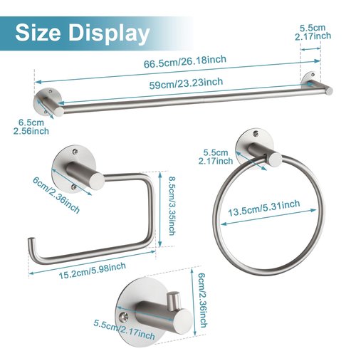 BVL Towel Racks for Bathroom 4 Pieces,Brushed Nickel Stainless Steel Bathroom Accessories Set Wall Mounted Included 24 Inches Towel bar,Towel Holder,Toilet Paper Holder,Robe Hook