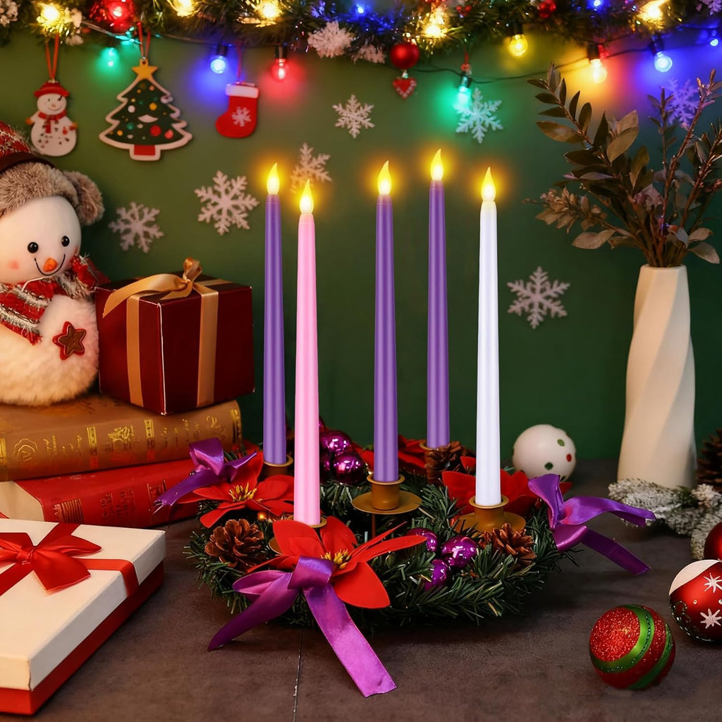 Skiennix 11-Inch Christmas Advent Wreath - 5 Flameless Taper Candles with Ribbon, Pine Cones & Poinsettias in Purple, Pink & White for Festive Table Decor