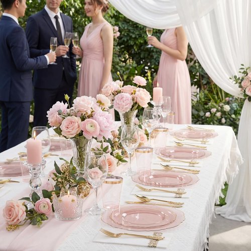 KIRE 210Pcs Clear Pink Plastic Plates with Gold Rim - Disposable Pink Plates for Party - 30 for Dinner 30 for Dessert 90 Silverware 30 Napkins 30Cups for Upscale Wedding/Party/Baby Shower/Mother's Day