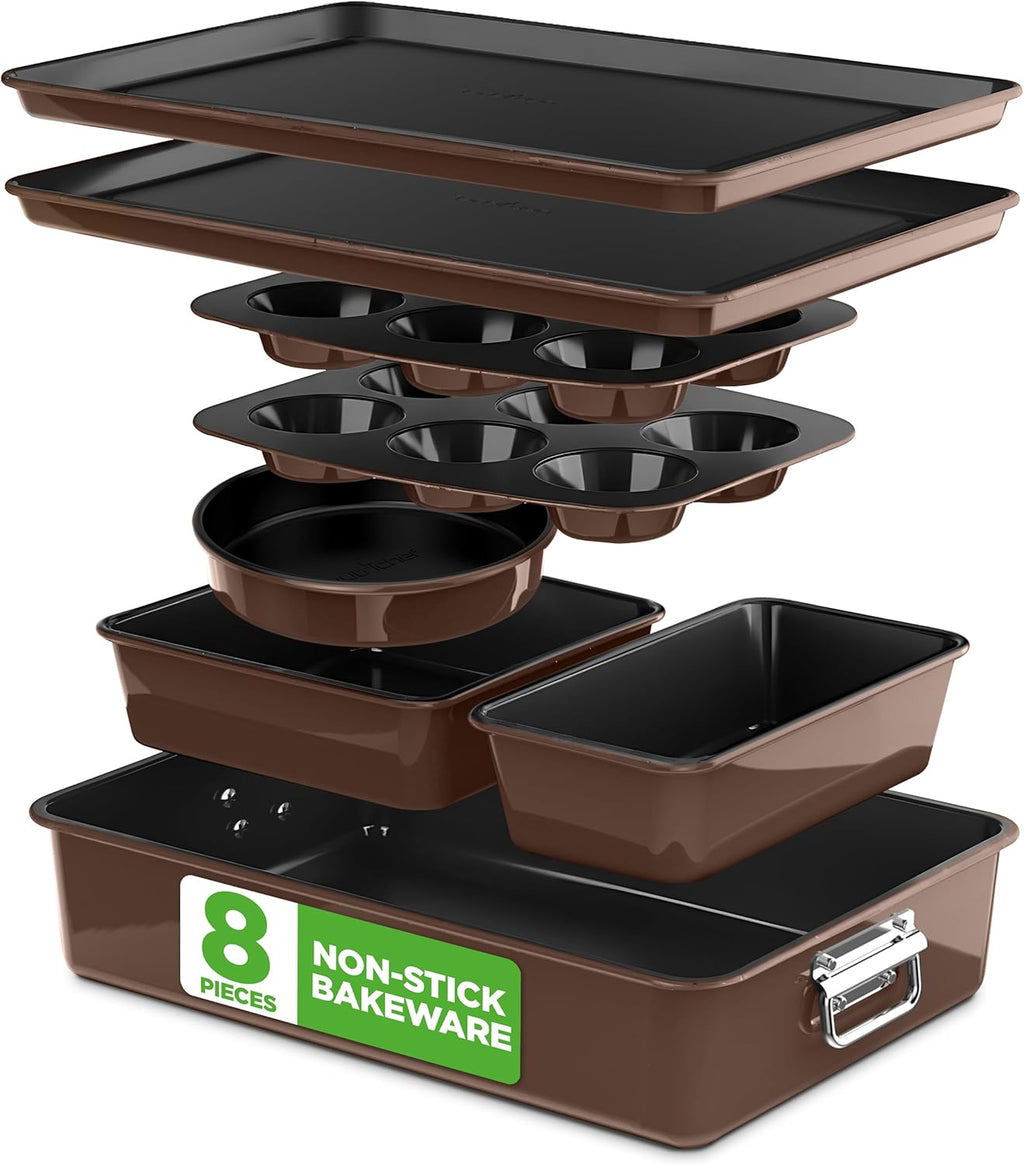 NutriChef 8-Piece Nonstick Bakeware Set - PFOA-Free, Oven Safe Up to 450°F | Round, Loaf, Muffin & Cookie Pans (Brown)