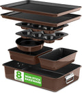 NutriChef 8-Piece Nonstick Bakeware Set - PFOA-Free, Oven Safe Up to 450°F | Round, Loaf, Muffin & Cookie Pans (Brown)