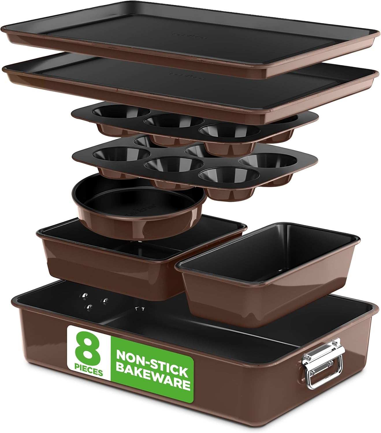 NutriChef 8-Piece Nonstick Bakeware Set - PFOA-Free, Oven Safe Up to 450°F | Round, Loaf, Muffin & Cookie Pans (Brown)
