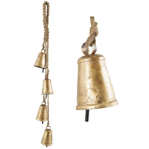 Deco 79 Metal Indoor Outdoor Decorative Cow Bells Tibetan Inspired Cascading Meditation Bell with 4 Bells on Jute Hanging Rope, Cow Bell 3" x 3" x 27", Gold
